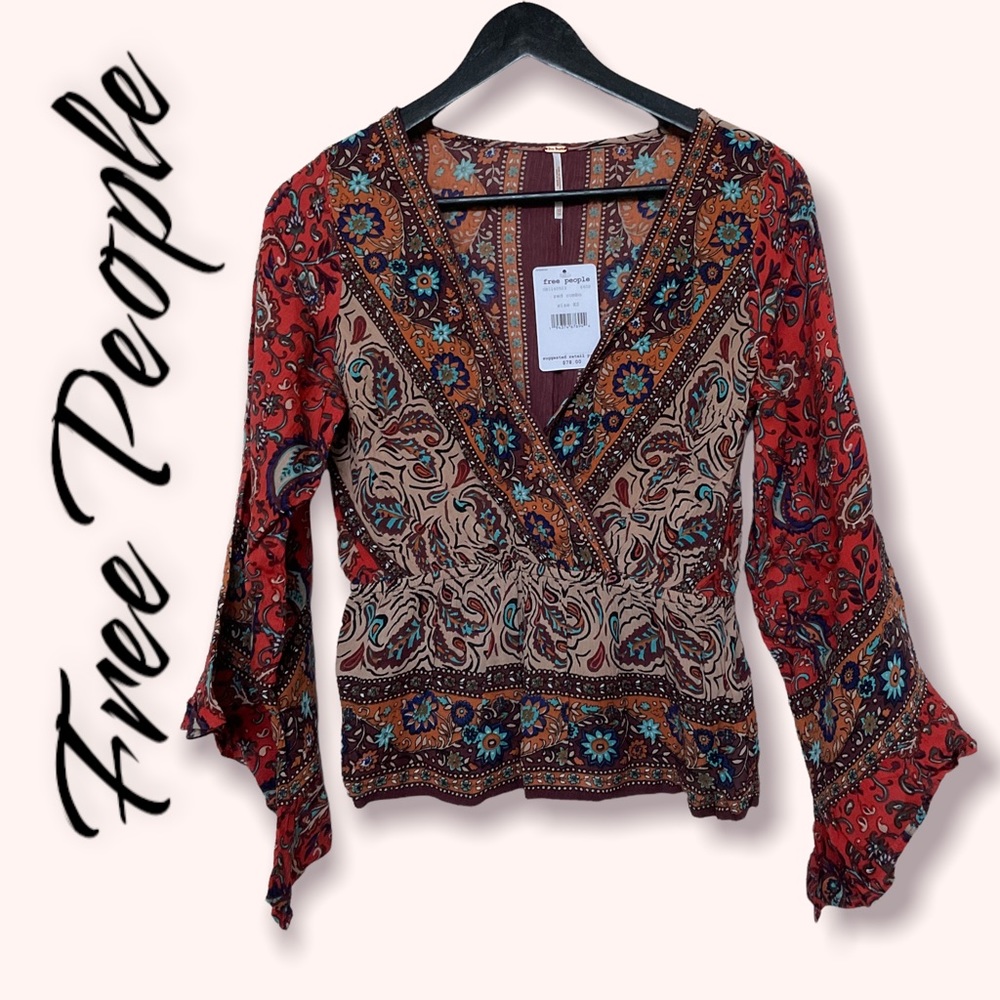 NWT Free People  Boho  Red Combo Wrap Top XS Bell Sleeves, Long Sleeves - Picture 12 of 13